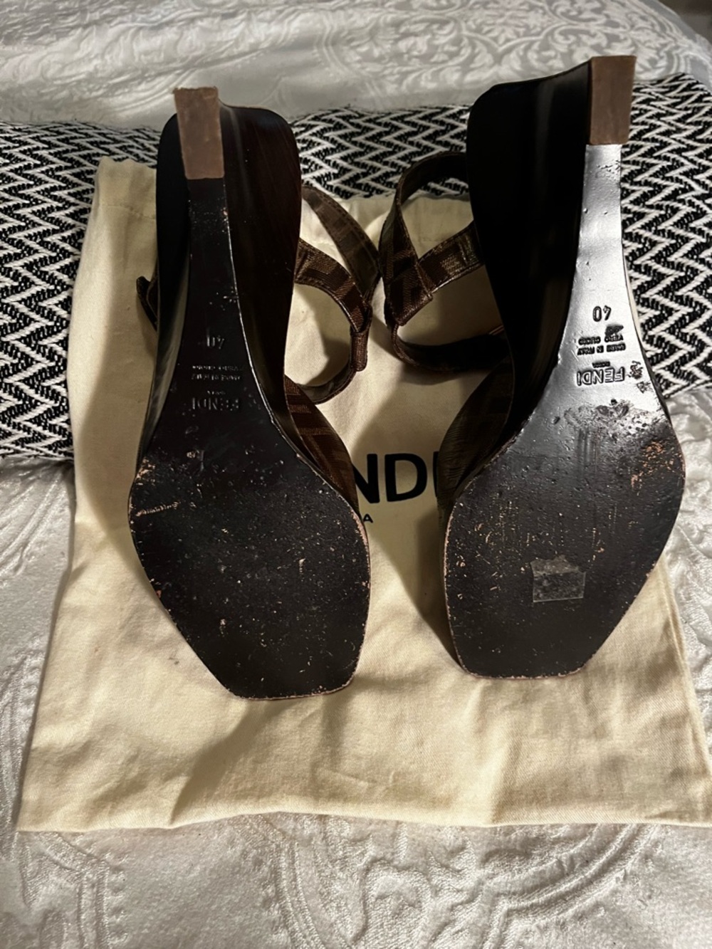 Fendi Brown FF Logo Slingback Wedge Sandals - Picture 3 of 4